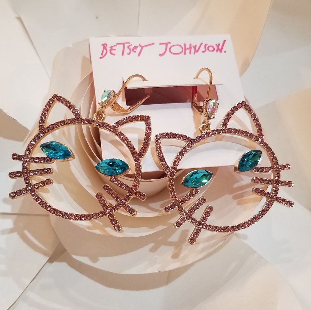 NEW Betsey Johnson Pink Stone Open Face Earrings